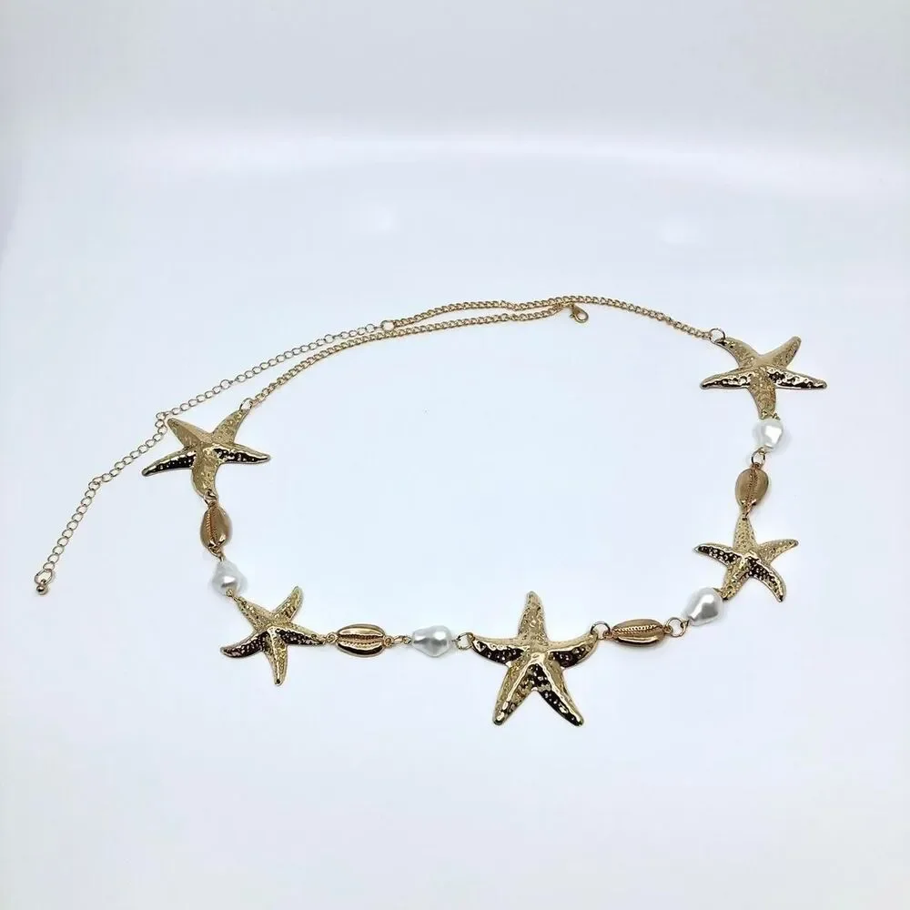 Y2K Mermaidcore Gold Starfish Shell Chain Belt, Fits 24–38 Inches, X7GA1157